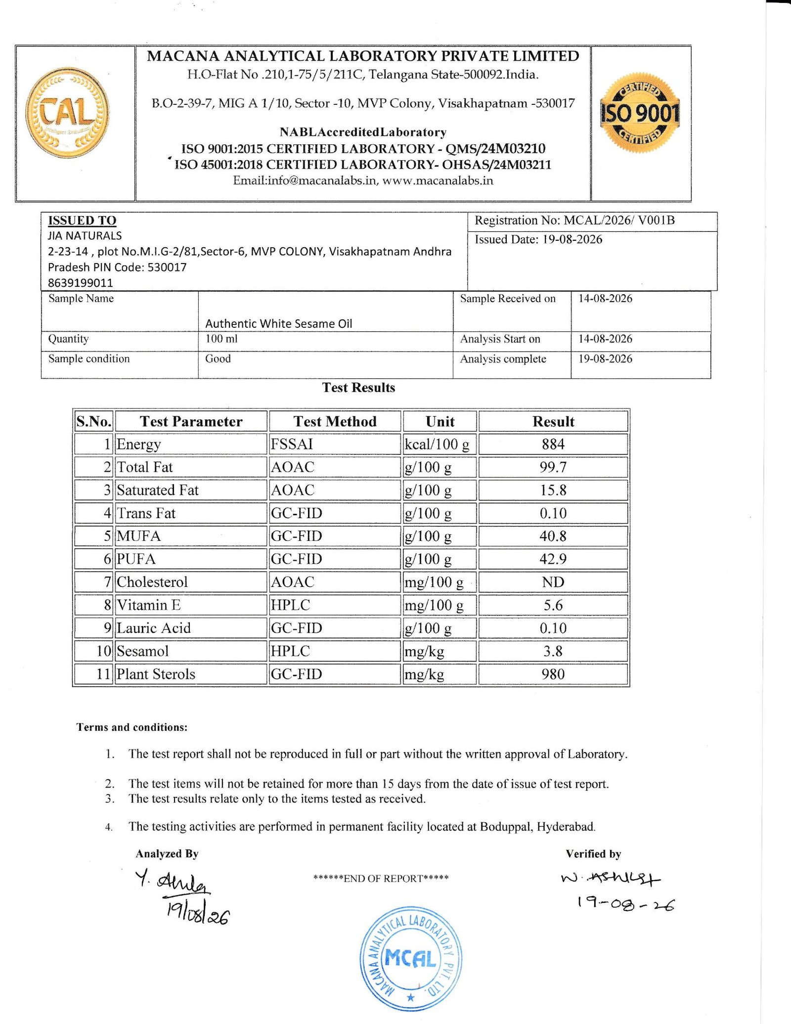 Sesame Oil Lab Report