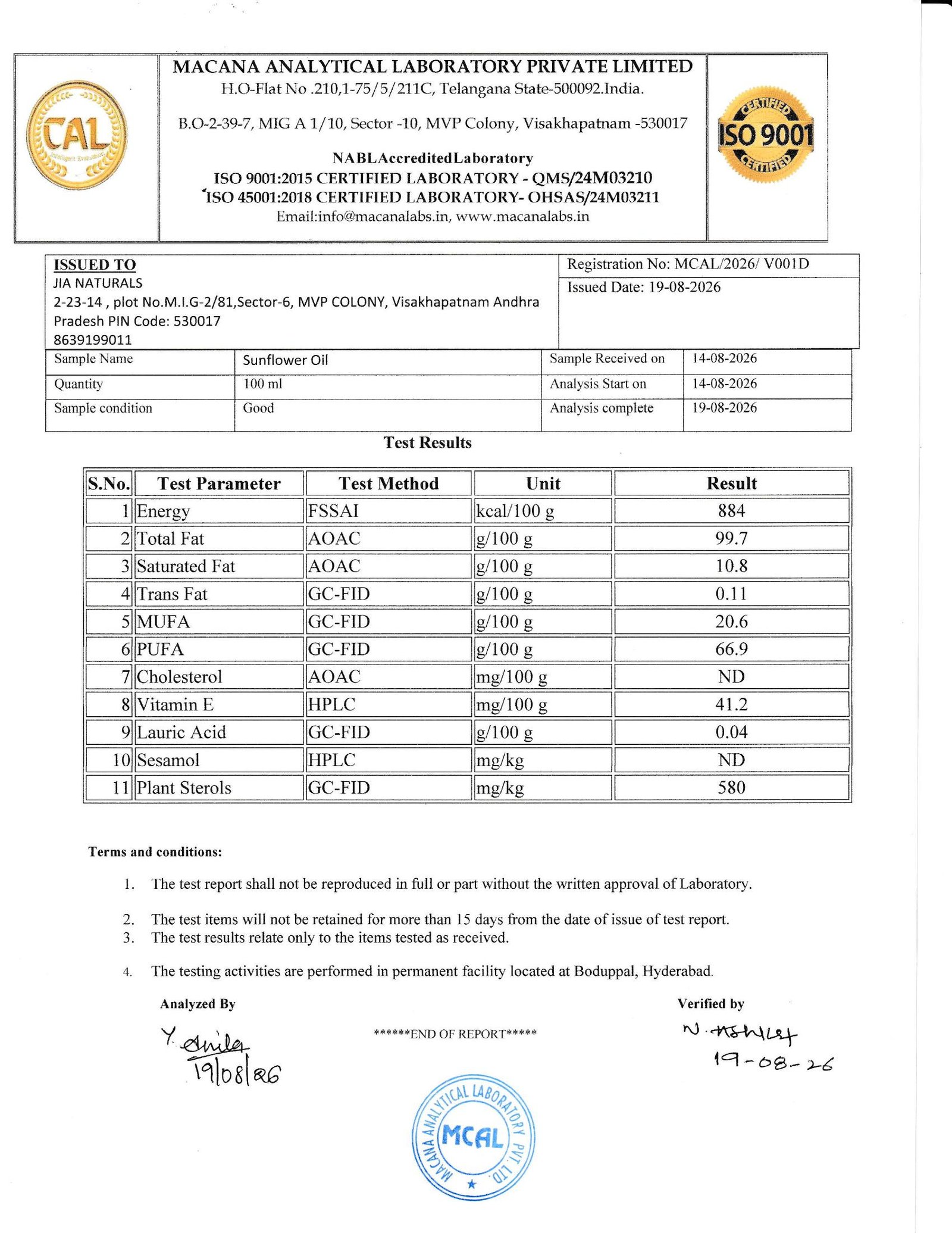 Sunflower Oil Lab Report